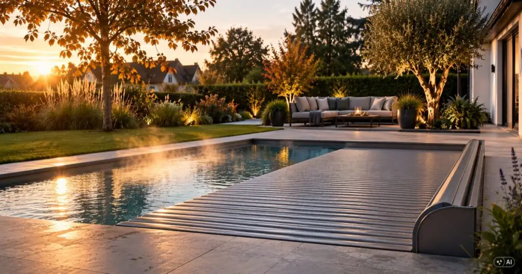 Pool mit halb aufgerollter Lamellenabdeckung im Abendlicht des Spätsommers, Badesaison verlängern